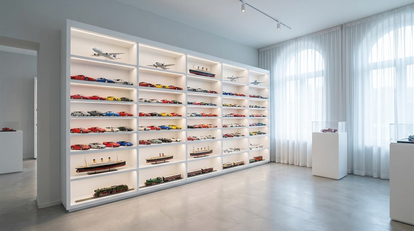 Gli scaffali dello showroom con giochi e modelli esposti